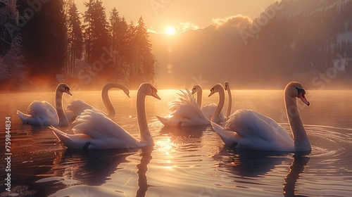 A group of swans in a lake. Generative AI.