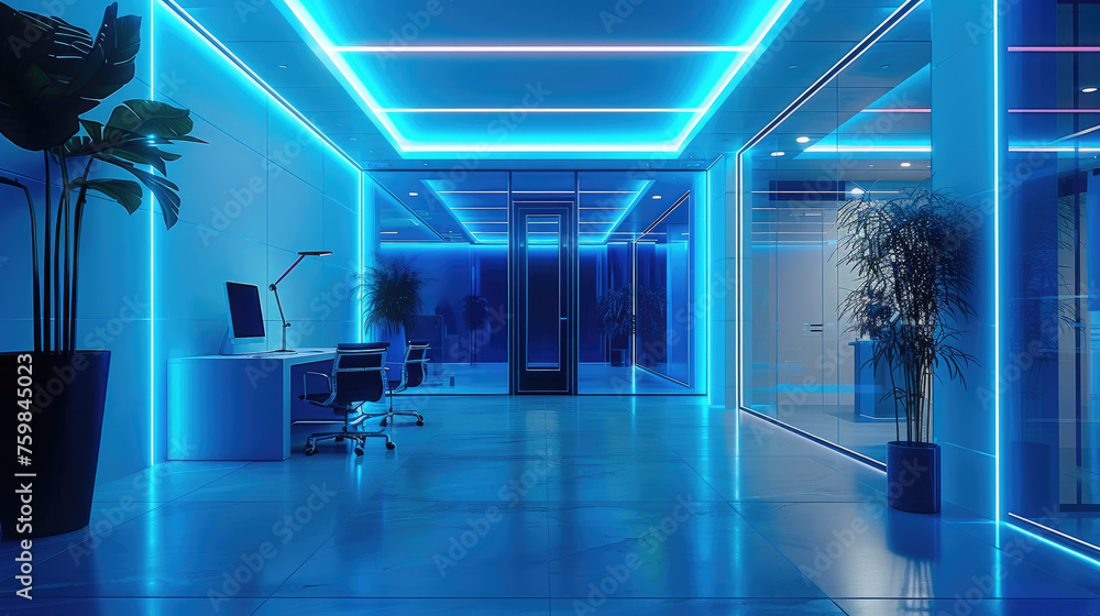 A modern ai office with blue neon colors that is positive and welcoming. Generative AI.