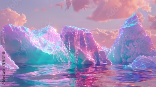 Ethereal holographic mountains glow with neon pink and blue hues, mirrored on the serene waters of a surreal landscape at sunset.
