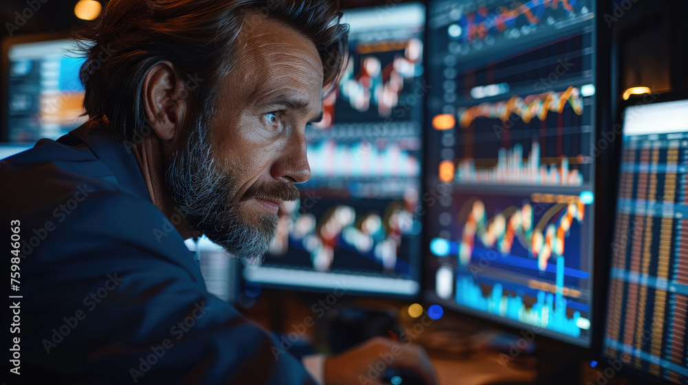 Businessman doing stock trading with computer showing a screen for stock day trading. Generative AI. Businessman doing stock trading with computer showing a screen for stock day trading. Generative AI.