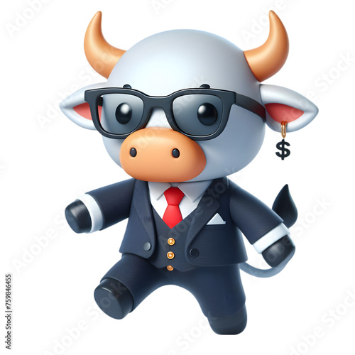 3D Flat Icon Bull in smart suit in stock market concept with white background and isolated cute style