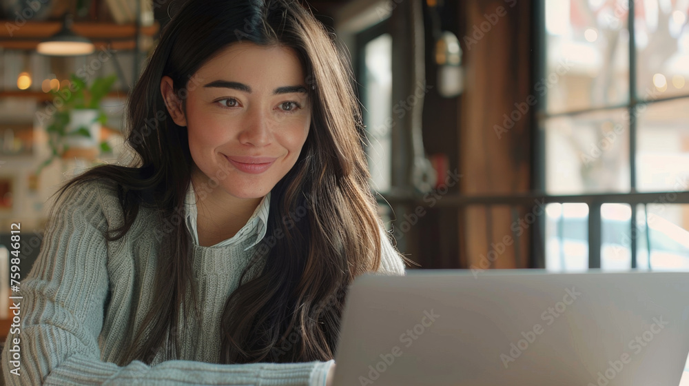 A smiling woman in a cozy sweater works on her laptop in a well-lit caf? setting.