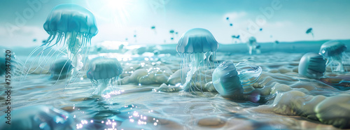 A tranquil beach with dancing, translucent jellyfish floating above the water, 8K resolution © Sattawat