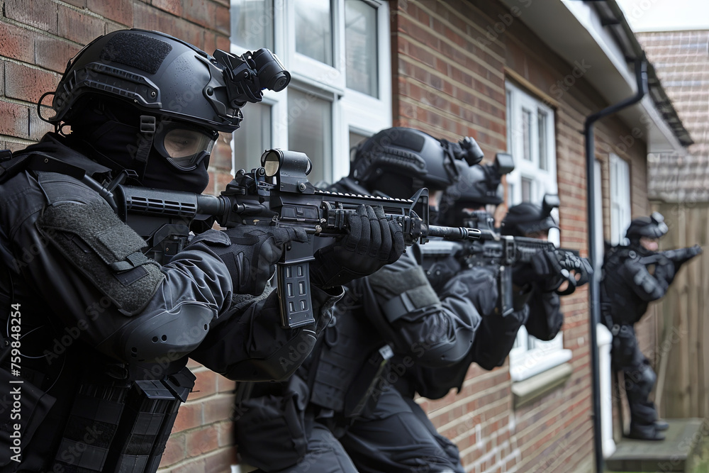 Fototapeta premium A British police SWAT team practice a house entry technique