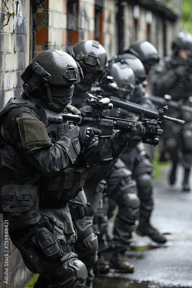 A British police SWAT team practice a house entry technique A British police SWAT team practice a house entry technique