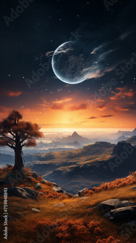 Lonely tree under the starry sky planets in the night sky