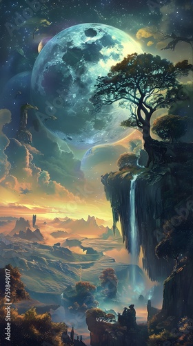 Fantasy tree and waterfall landscape with moon in the background
