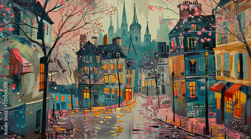 Fototapeta Naklejka Na Ścianę i Meble -  Illustration of street and city atmosphere in Paris, France in the past.