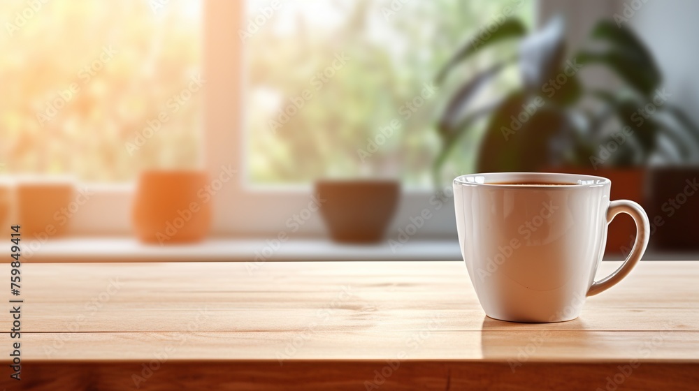 Mug of hot coffee on a wooden table inside a home kitchen in the morning time with copy space. - obrazy, fototapety, plakaty 