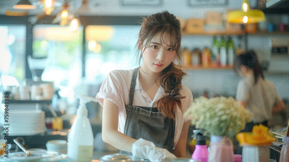 Japanese woman cleaning table with cloth and spray bottle in cafe. Generative AI. Japanese woman cleaning table with cloth and spray bottle in cafe. Generative AI.