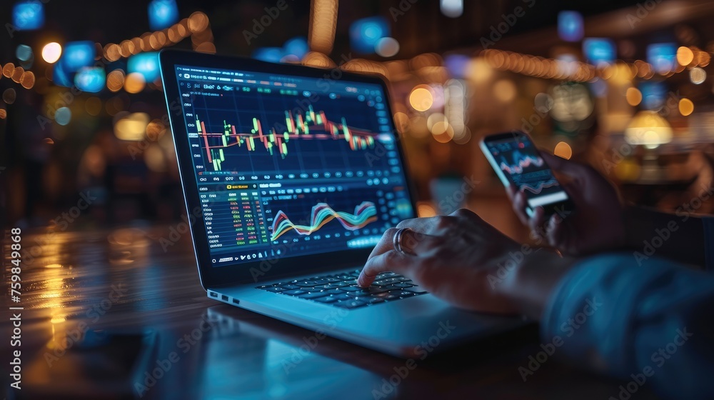 Businessman hand working on a laptop with graphic graph chart diagram, stock market on the screen, and a smartphone and notepad. Generative AI. Businessman hand working on a laptop with graphic graph chart diagram, stock market on the screen, and a smartphone and notepad. Generative AI.