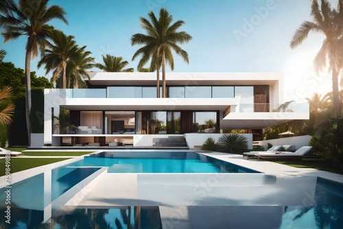 modern cubic villa with large swimming pool among palm trees