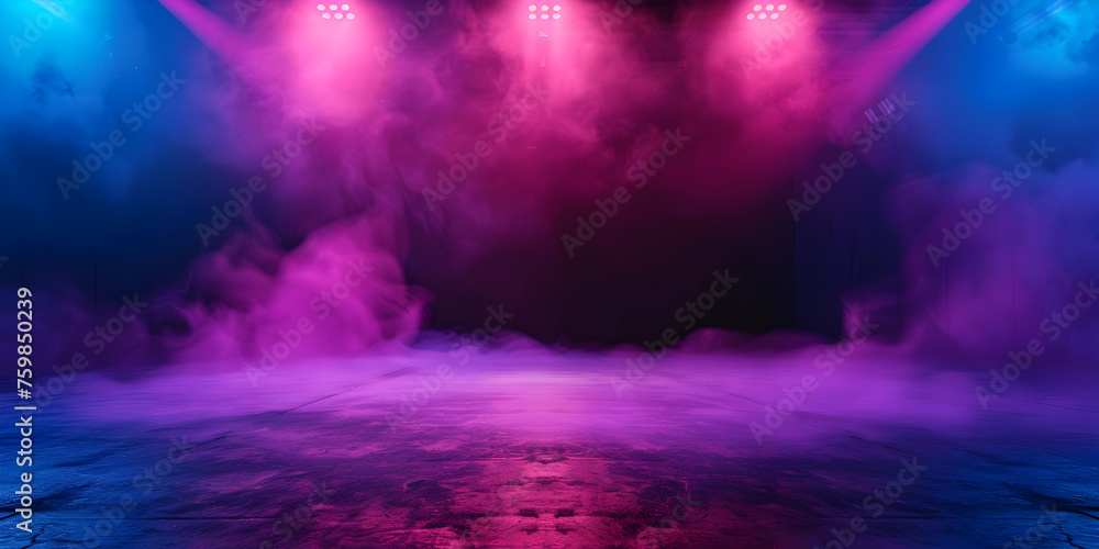 Dark stage with blue, purple, pink neon lights, spotlights, and smoke. Asphalt floor in studio setting for showcasing products.
