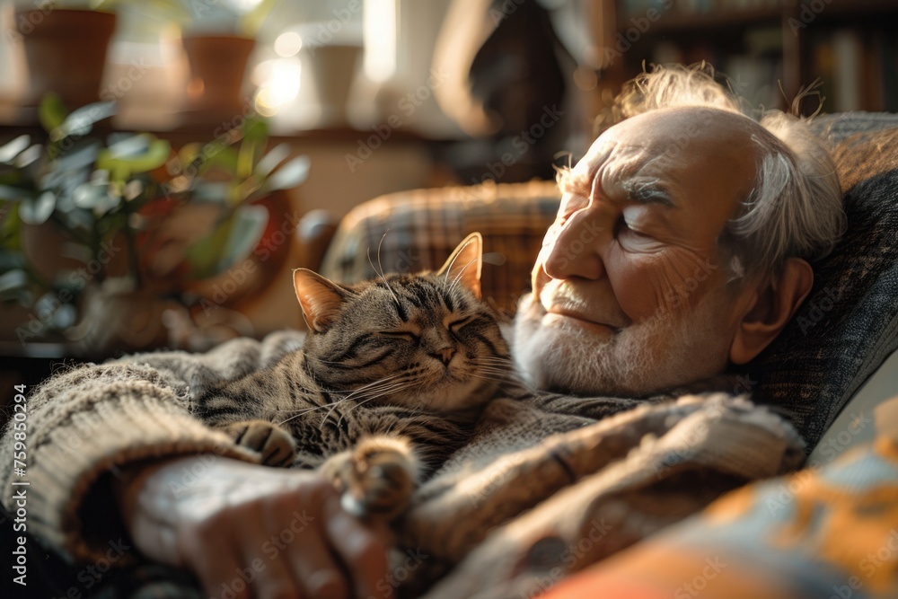 Elderly man and gray cat enjoy a serene sunset in a cozy room filled with books and plants, capturing the warmth and emotional support animal pets provide, relaxation and companionship Elderly man and gray cat enjoy a serene sunset in a cozy room filled with books and plants, capturing the warmth and emotional support animal pets provide, relaxation and companionship