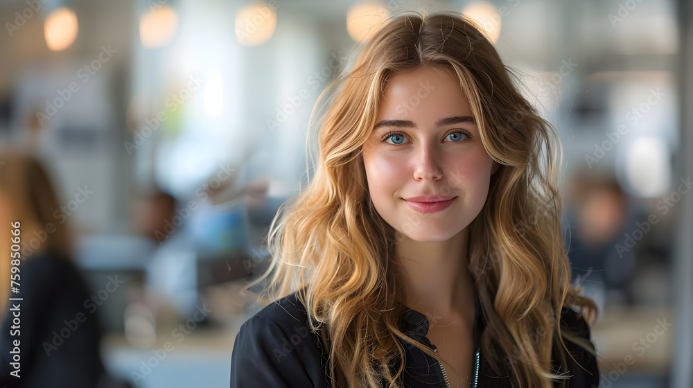 Fototapeta premium Attractive caucasian business woman, smiling, confident, looking right at the camera