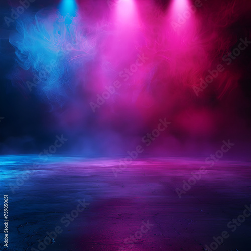 Dark stage with blue, purple, pink neon lights, spotlights, and smoke. Asphalt floor in studio setting for showcasing products. 