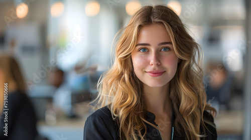 Attractive caucasian business woman, smiling, confident, looking right at the camera