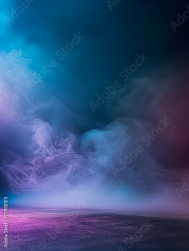 Dark stage with blue  purple  pink neon lights  spotlights  and smoke. Asphalt floor in studio setting for showcasing products. 