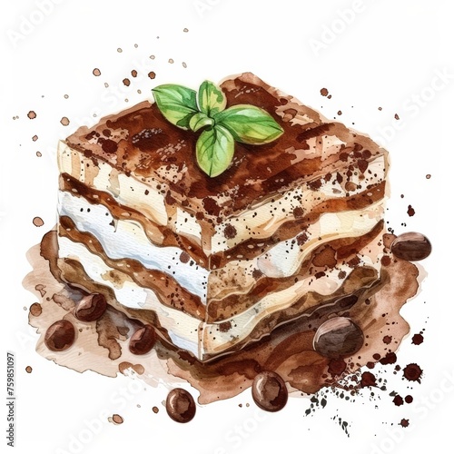 Watercolor illustration of a classic tiramisu dessert garnished with fresh basil leaf, surrounded by whole coffee beans, ideal for culinary concepts or Italian cuisine-themed designs