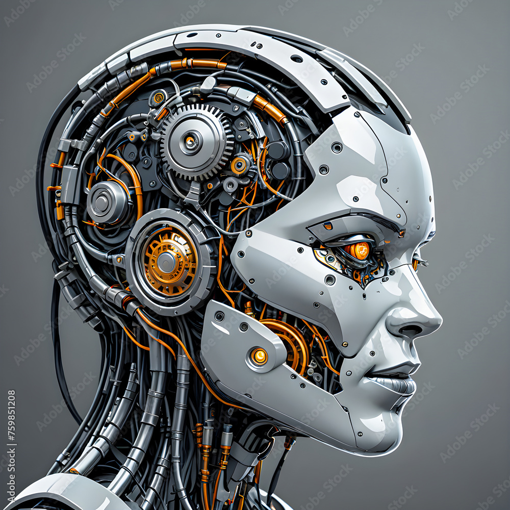 Fototapeta premium robot head with gears and cogs on gray background
