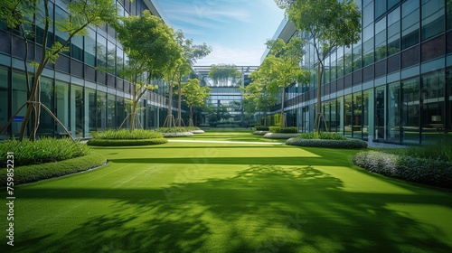 An outdoor lawn area within the company office complex. Generative AI.