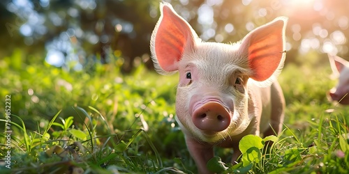 An Energetic Pig Poses Playfully in a Sunlit Meadow Full of Foliage. Concept Nature, Animals, Photography, Playful Poses, Wildlife