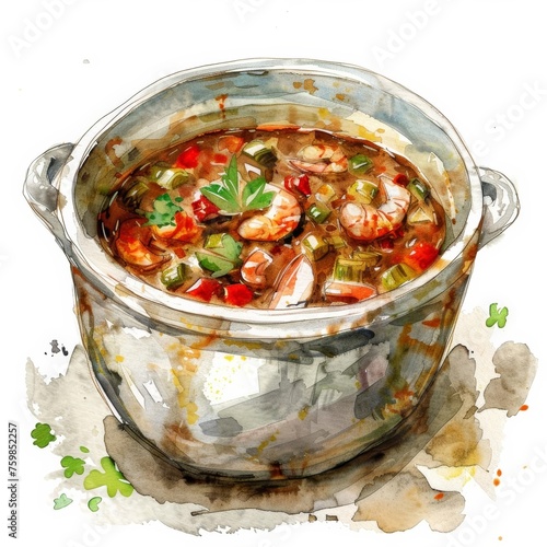 Watercolor illustration of a hearty shrimp gumbo in a stainless steel pot, garnished with fresh herbs, perfect for culinary themes or Mardi Gras celebrations