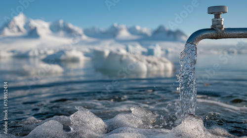 Fresh and Clean Water Concept: Fresh Icy Water Flows Out of a Tap in Front of an Icy Glacier or Snowy Alpine Mountains - World Water Day Concept for Water Conservation and World Oceans Day Concept