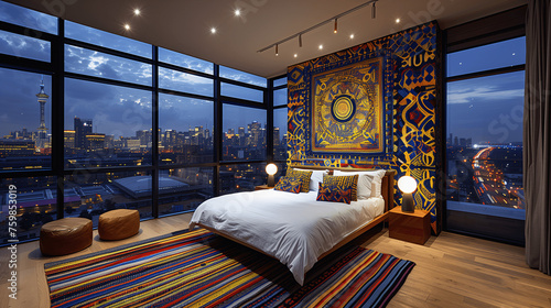 Modern Bedroom with City Skyline View at Night