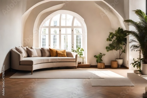 Curved sofa against arched window near beige wall © Ateeq