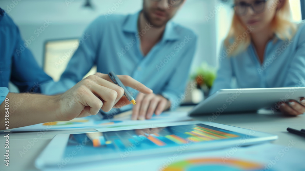 Two professionals are engaged in a focused discussion over documents and a laptop in a bright office. Two professionals are engaged in a focused discussion over documents and a laptop in a bright office.