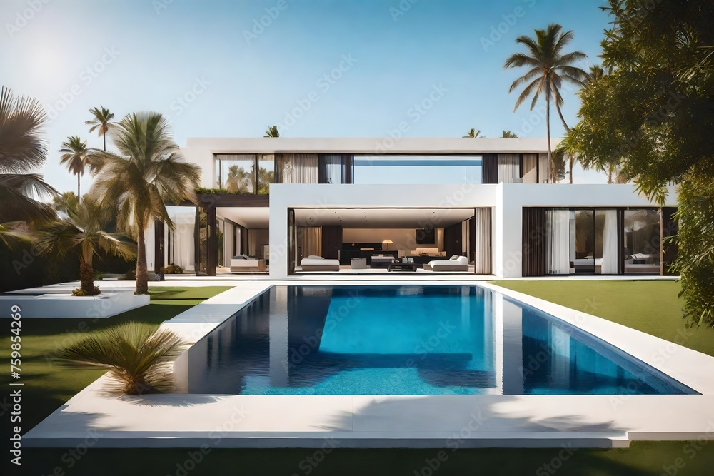 modern cubic villa with large swimming pool among palm trees