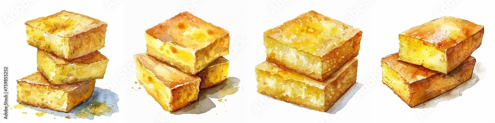 Watercolor illustration of stacked golden-brown pound cakes with a moist texture, ideal for bakery-related content and culinary websites