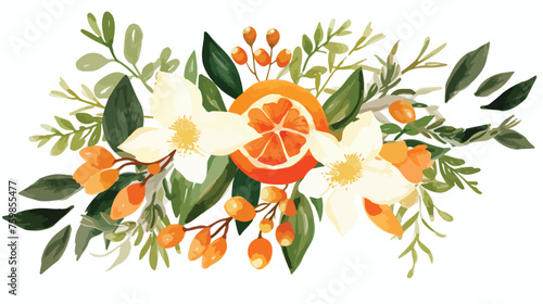 Watercolor orange with greenery and flowers bouquet