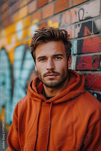 young male wearing sports clothing, standing in front of a brick wall with graffiti