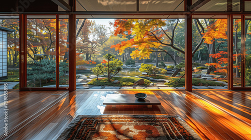 Traditional Japanese Room with View of Autumn Garden