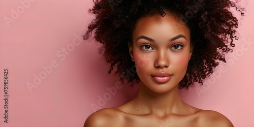 Stunning African American Woman with Perfect Skin on Pink Background with Space for Text. Concept Beauty Portrait, African American Model, Perfect Skin, Pink Background, Text Space