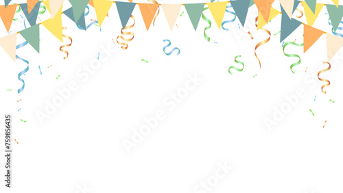 Colorful party celebration holiday flag, confetti and ribbon banner frame background