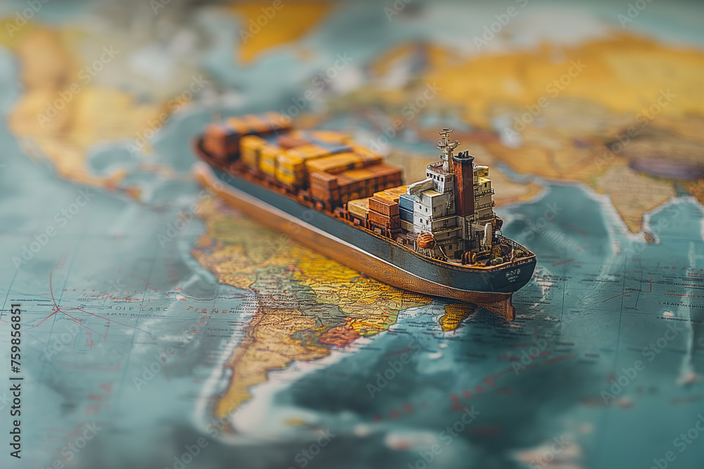 Containerschiffmodell auf Weltkarte Containerschiffmodell auf Weltkarte