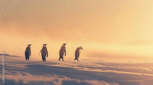 Group of Penguins Moving Across Snowy Landscape at Dusk