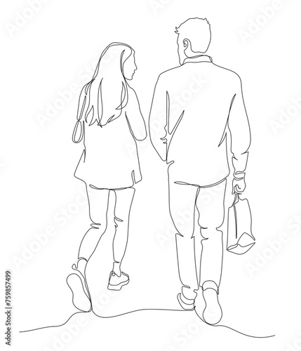 Man and woman talking. Young couple with shopping bag walking away. Rear view. Continuous line drawing. Black and white vector illustration in line art style.