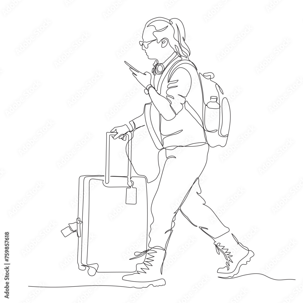 Tourist with backpack and suitcase using phone on the go. Man in glasses walking. Side view. Continuous line drawing. Black and white vector illustration in line art style. Tourist with backpack and suitcase using phone on the go. Man in glasses walking. Side view. Continuous line drawing. Black and white vector illustration in line art style.