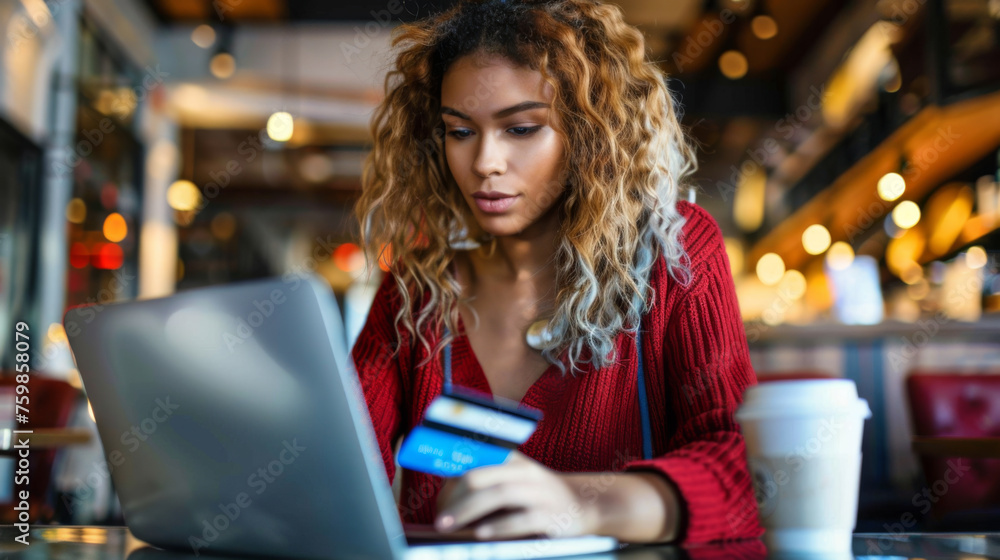 A focused individual is making an online purchase, holding a credit card while using a laptop in a cozy caf? setting. A focused individual is making an online purchase, holding a credit card while using a laptop in a cozy caf? setting.