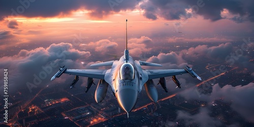 F jet fighter protecting state borders by soaring above cityscape at dusk. Concept Military Defense, Jet Fighter, Cityscape, Dusk, Border Protection