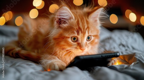 Cute Cat Playing with Cell Phones Tablets on Bed Internet Gaming Social Media Addiction 16:9 photo