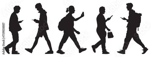 Silhouettes of walking men using phones on the go. 2 men with backpacks and one with shopping bag. Side view. Vector illustration.