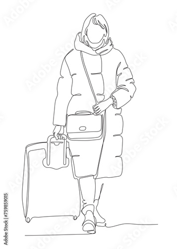 Woman with suitcase wear warm coat in winter travel season. Continuous black line drawing isolated on white background. Vector illustration in line art style. 