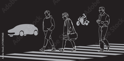Woman and men crossing street with zebra pedestrian crosswalk. Car and motorbike silhouettes on black background. Single line drawing. Hand drawn vector illustration.