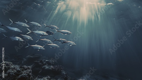 Serene school of fish gliding through deep blue ocean with sunbeams