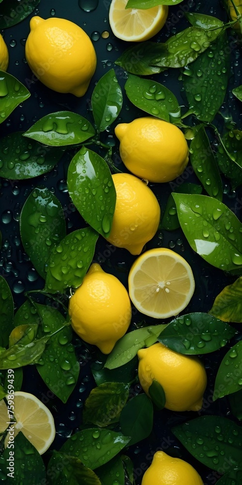 Lemons in the water, black background, wallpaper, water drops 